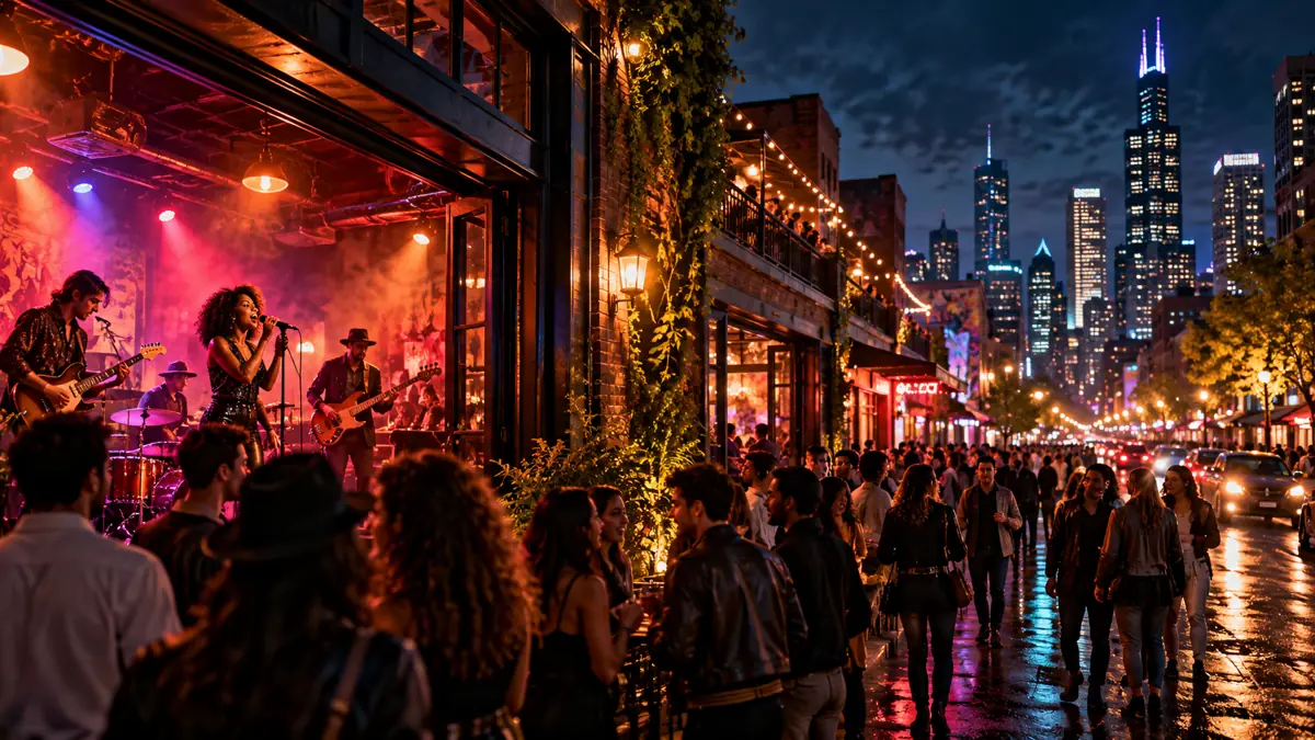 AI-generated conceptual artwork of a lively nighttime music district accompanying D Music coverage of Milan; not a documentary photograph of the city.