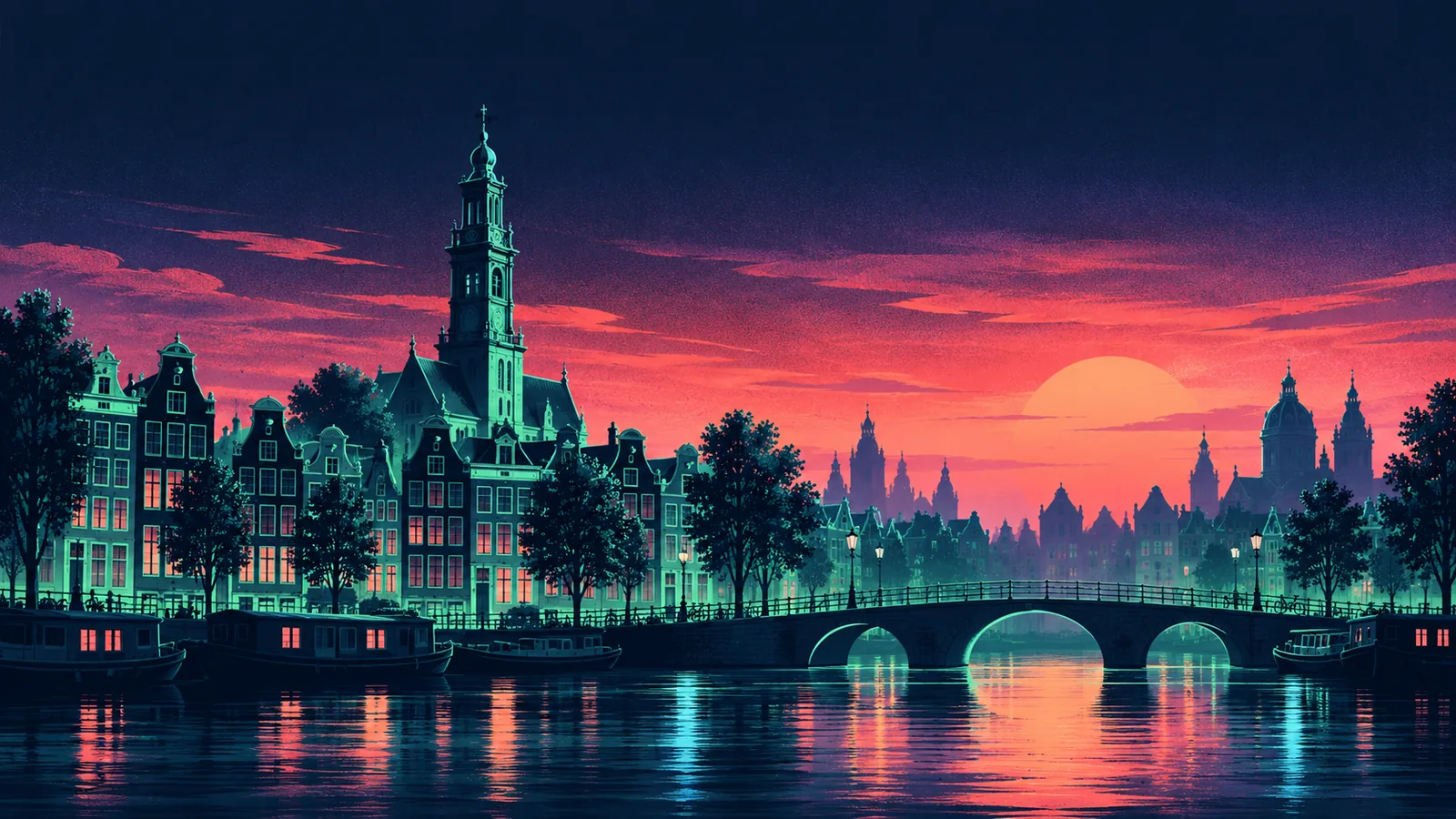 Original skyline silhouette illustration of Amsterdam
