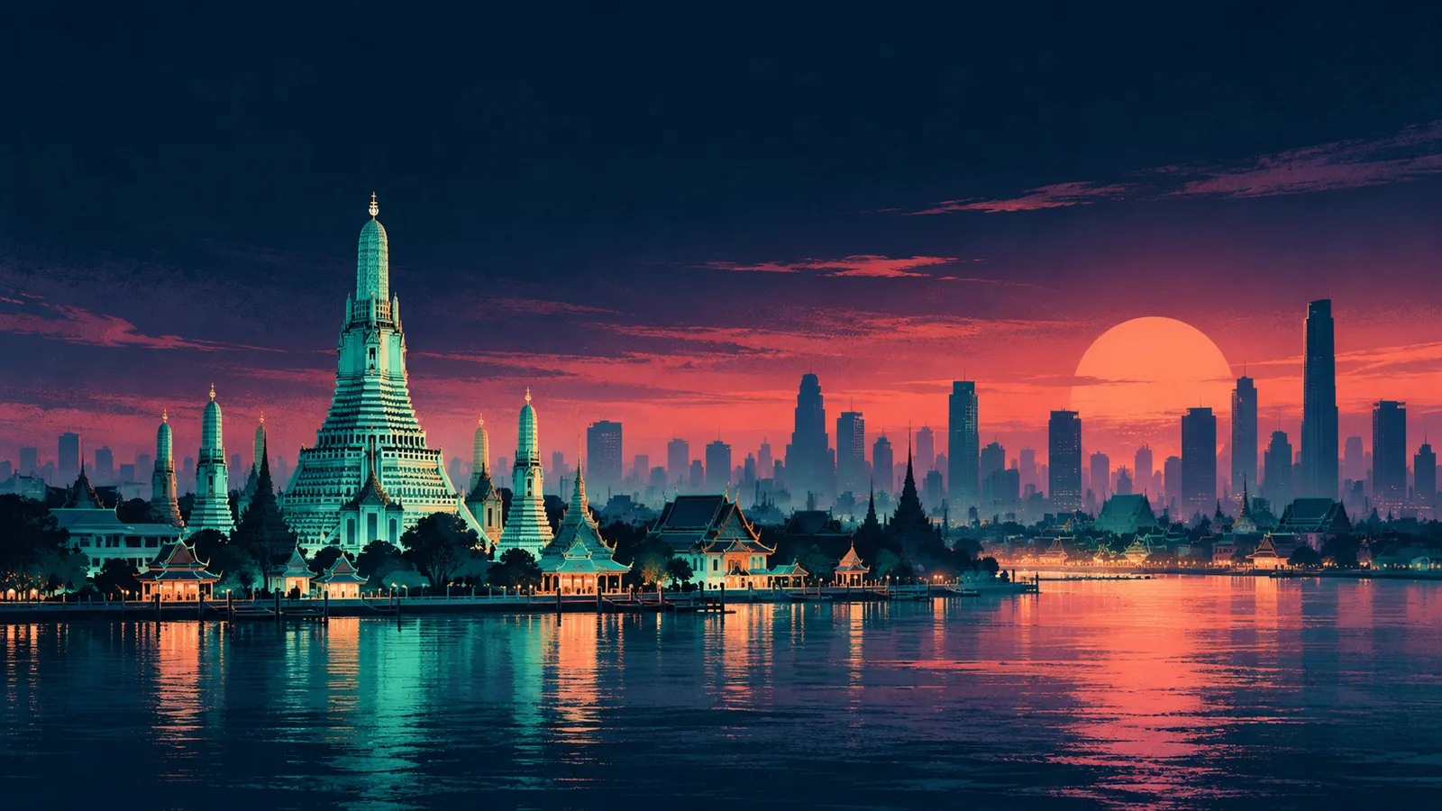 Original skyline silhouette illustration of Bangkok