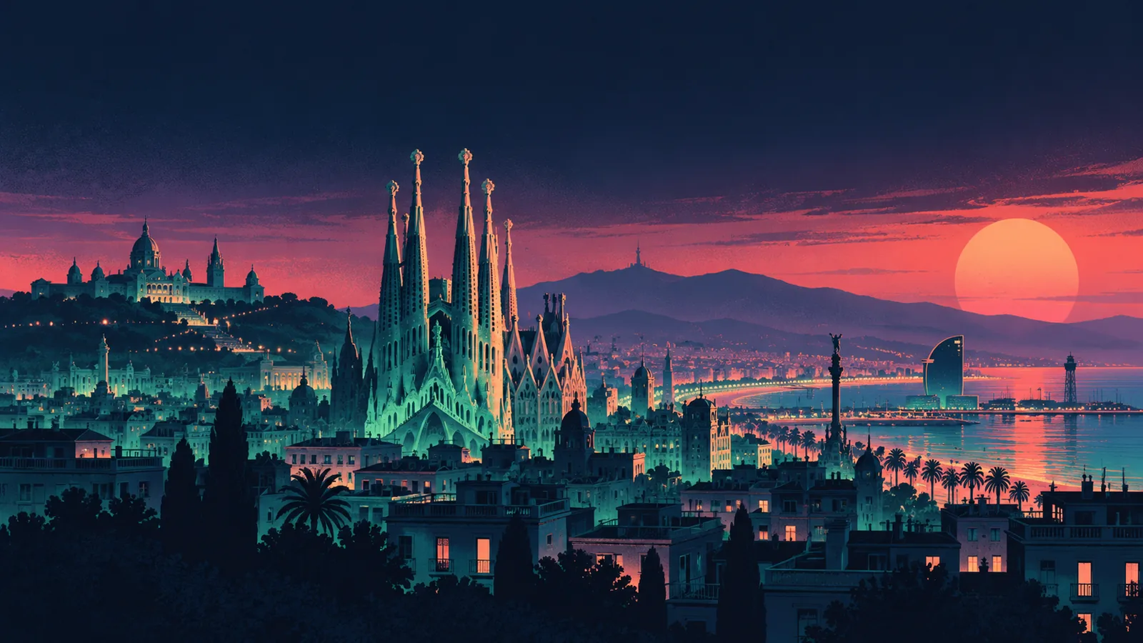 Original skyline silhouette illustration of Barcelona