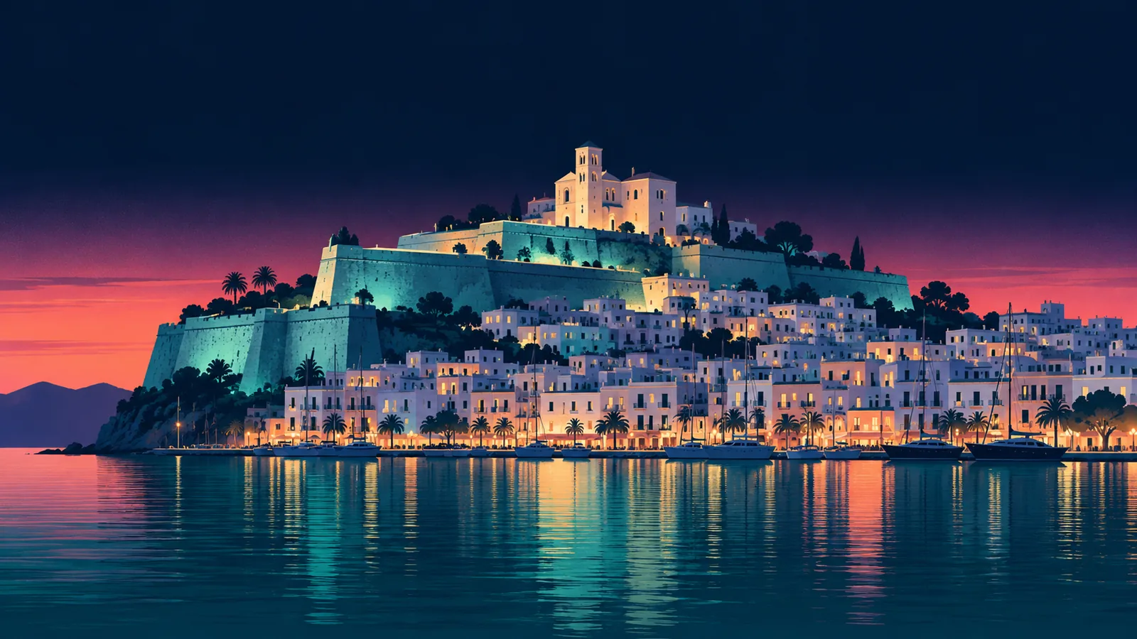 Original skyline silhouette illustration of Ibiza