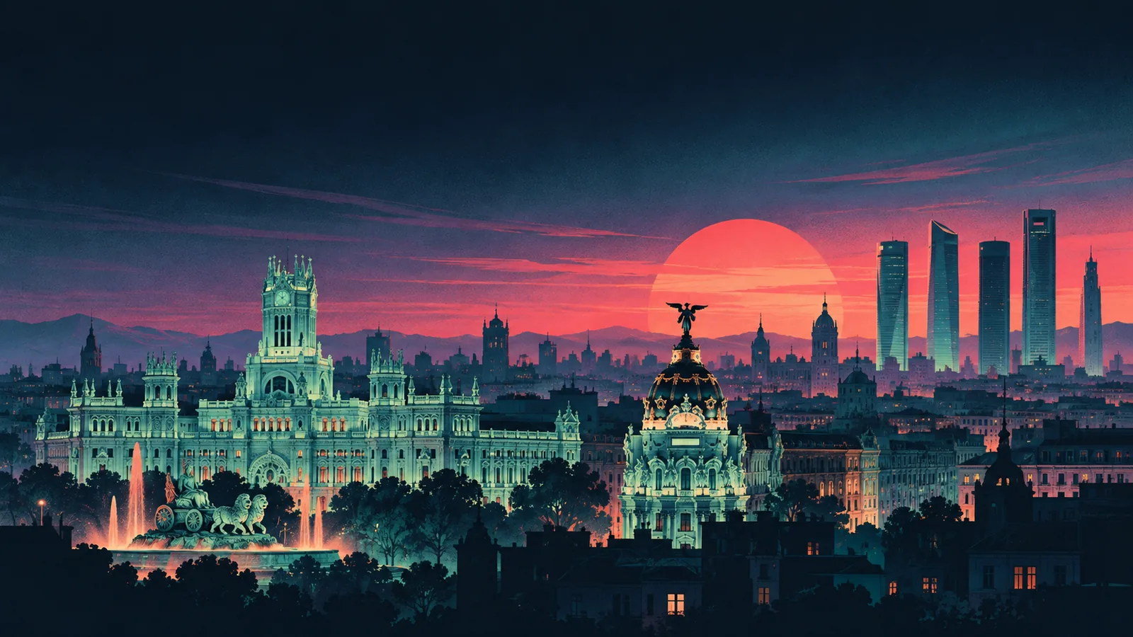 Original skyline silhouette illustration of Madrid