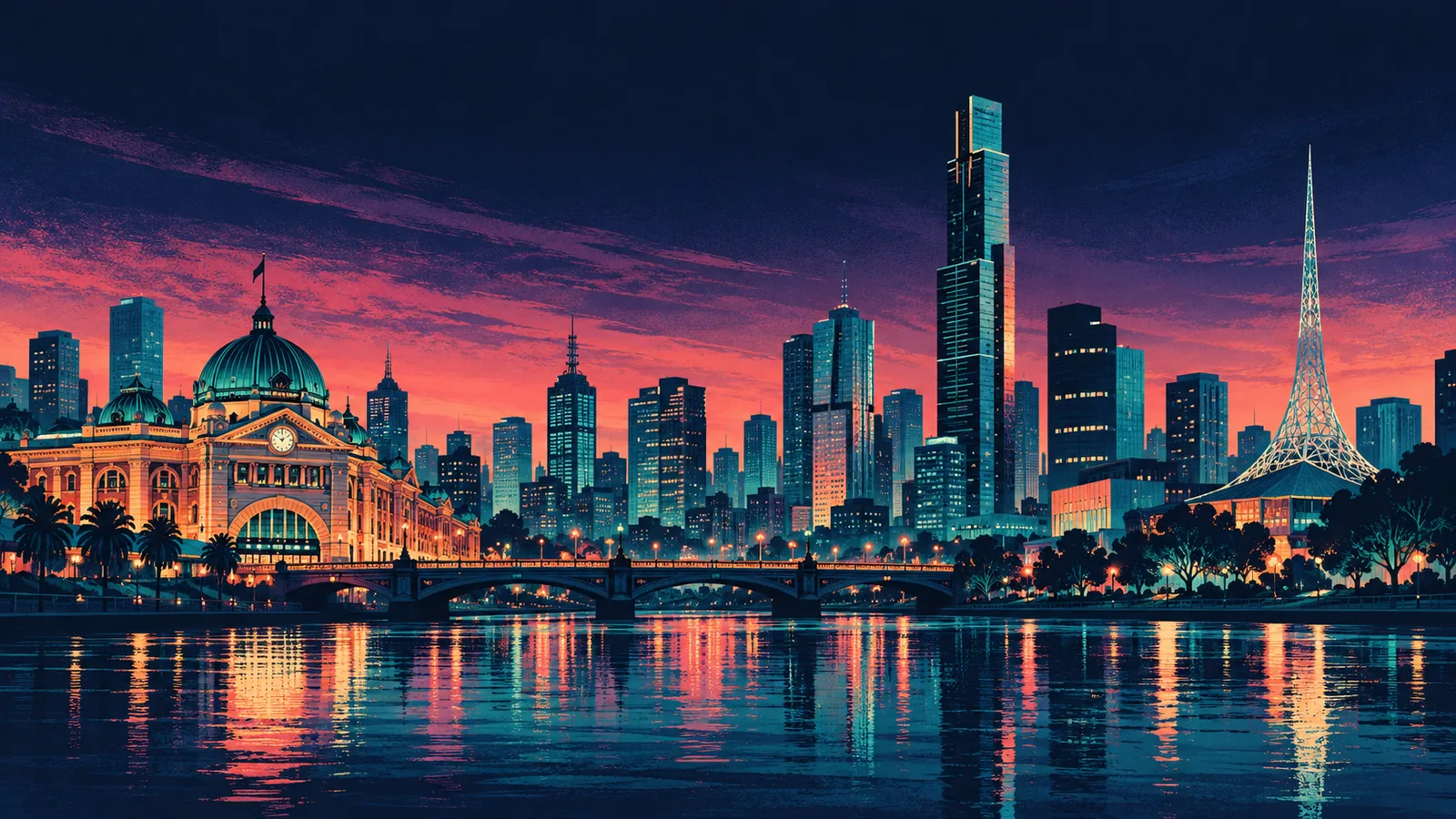 Original skyline silhouette illustration of Melbourne