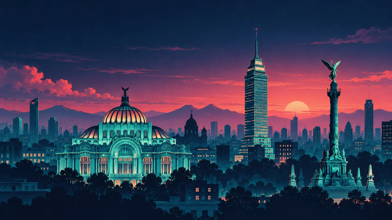 Original skyline silhouette illustration of Mexico City