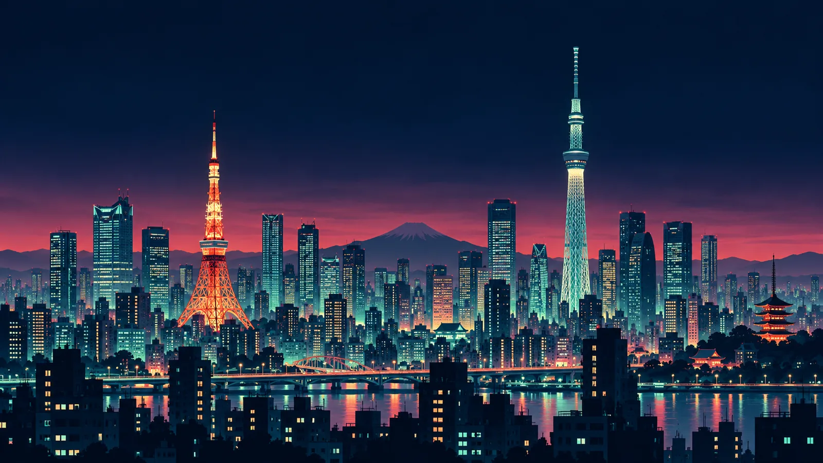 Original skyline silhouette illustration of Tokyo